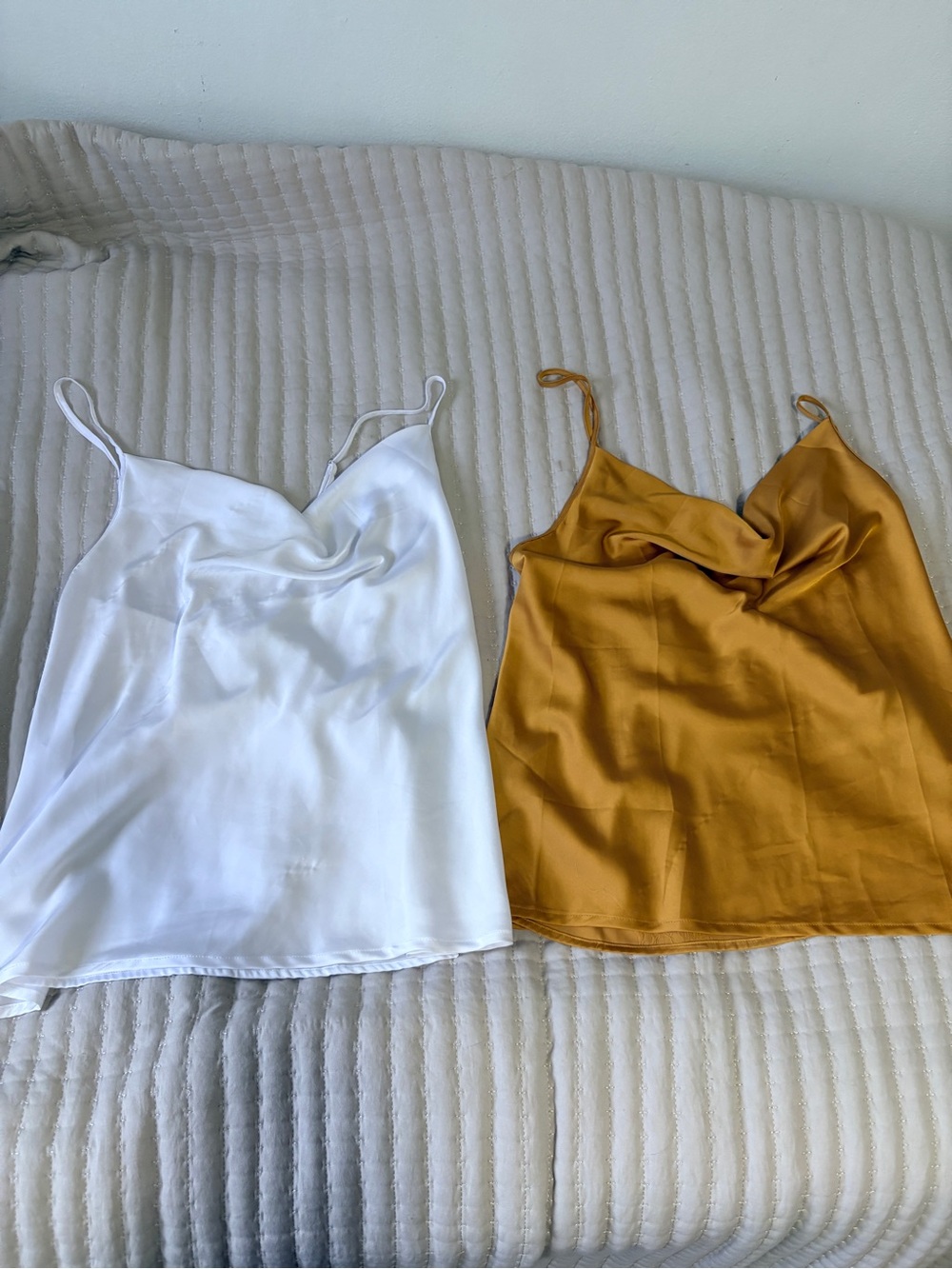2 Satin Cowl Neck Cami Top - White & Mustard Lot/Criss Cross Back Size L - AS IS